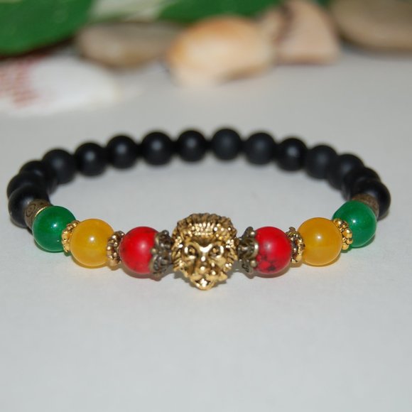 Lion Bracelet,Rasta Bracelet,8mm Gemstone Beads,Onyx Gemstone Bracelet - Picture 2 of 3